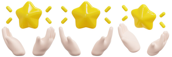 Set of 3D Yellow Stars Held by Hands 3d Render Icon Illustration