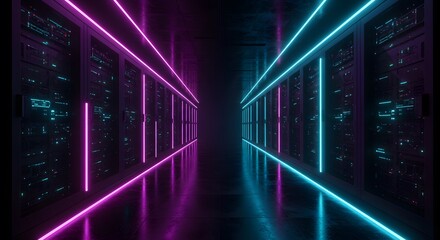 Neon-Lit Server Room: A Futuristic Cyberpunk Corridor