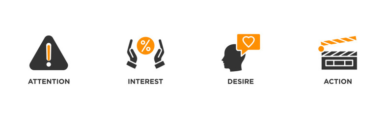 AIDA banner web icon illustration concept for attention interest desire action with icon of promotion, target, vision, store, ecommerce, and buying
