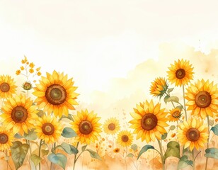Obraz premium A vibrant watercolor background featuring a field of sunflowers, with rich yellows and greens blending seamlessly, evoking a warm, sunny atmosphere.