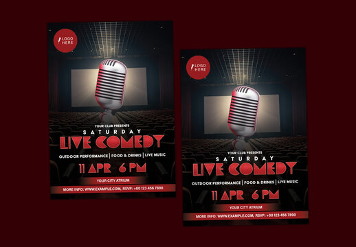 Live Comedy Show Night Flyers with Vintage Microphone on Stage for Club Event Promotion, Editable Design.