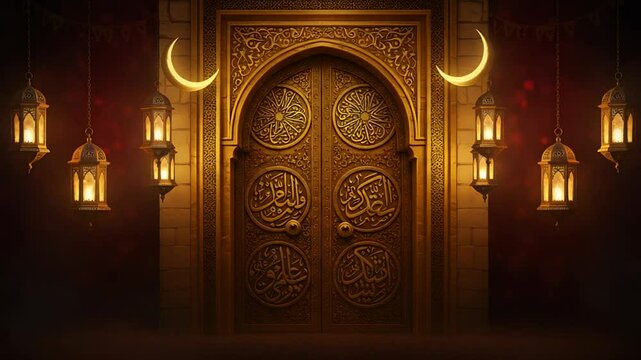 Carved doorway and lanterns with crescent moon golden background design