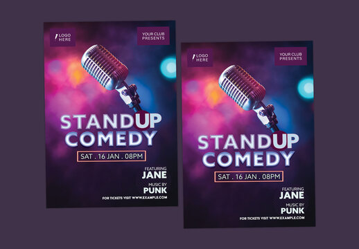 Stand-Up Comedy Night Flyers with Vintage Microphone for Club Event Promotion, Editable Design.