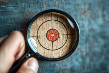 Close-up of a magnifying glass focusing on the red center of a wooden target with black concentric circles, held by a hand showing detail and precision