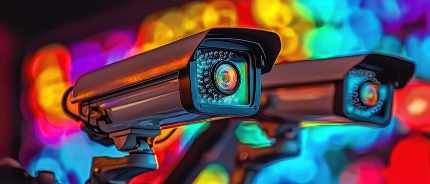 Surveillance Cameras in Vibrant Cityscape