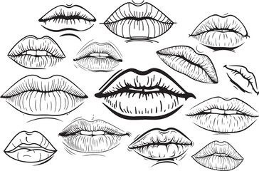 Black line art sketches of 14 different lips expressions. Stylized line art of lips with smoke,Black  line art lips illustration on white background.