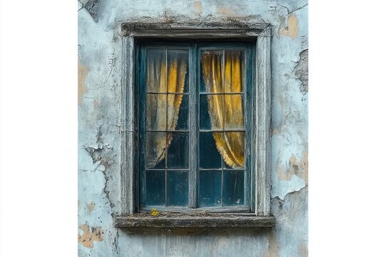 Old window with peeling paint and weathered frame set in a cracked faded blue wall, with yellow curtains behind the glass, evoking a nostalgic and abandoned feeling
