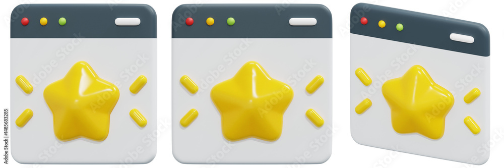 Poster set of yellow 3d star rating icon on website interface 3d render icon illustration