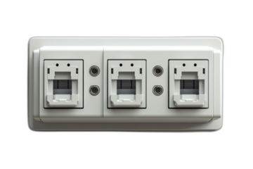 White electrical outlet with sockets isolated on transparent background.