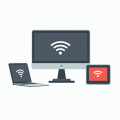 Wifi connection. devices with wi fi icon. Laptop, mobile phone, monitor, tv, tablet wi-fi connected with each other. Flat vector design