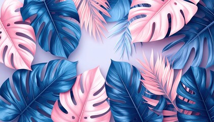 A vibrant background featuring lush tropical leaves in various shades of green, creating a lively and exotic atmosphere perfect for summer themes.