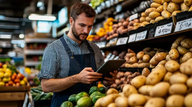 Male grocer uses tablet in produce section of grocery store