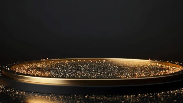 A luxurious scene with golden particles falling onto a glossy table, exuding mystery and elegance against a black background.
