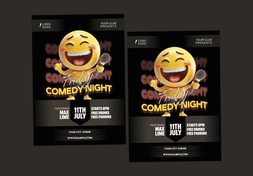 Friday Comedy Night Advertisement Flyers with 3D Emoji for Social Media and Club Event Promotion, Editable Design.