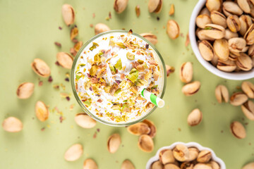 Pistachio milkshake, healthy diet protein cocktail