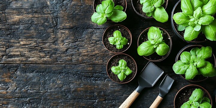 Young basil plants in pots - Powered by Adobe