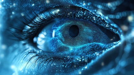 Close-up of a woman's eye, digitally enhanced with a mesmerizing blue, sparkling effect.  A captivating image exploring themes of technology and the human gaze.