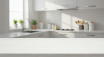 Blurred kitchen interior representing modern lifestyle and home decor, with white countertop and window