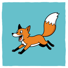 A cute, orange fox runs with its tail up.