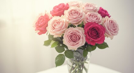Rose bouquet representing love and beauty, featuring pink and red flowers in a glass vase