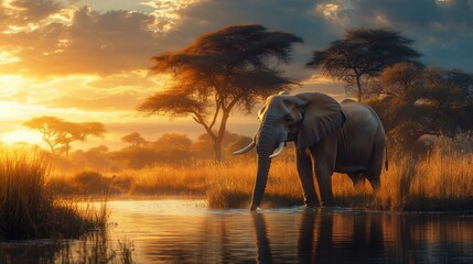 Fototapeta premium Elefante de pie en la sabana contra el atardecer.