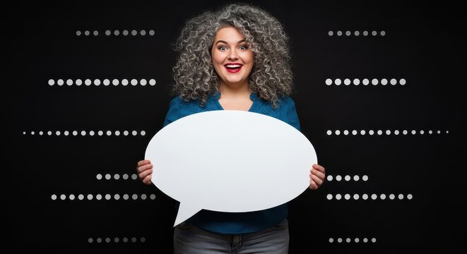 The woman is holding a large white speech bubble. Visual Concept.