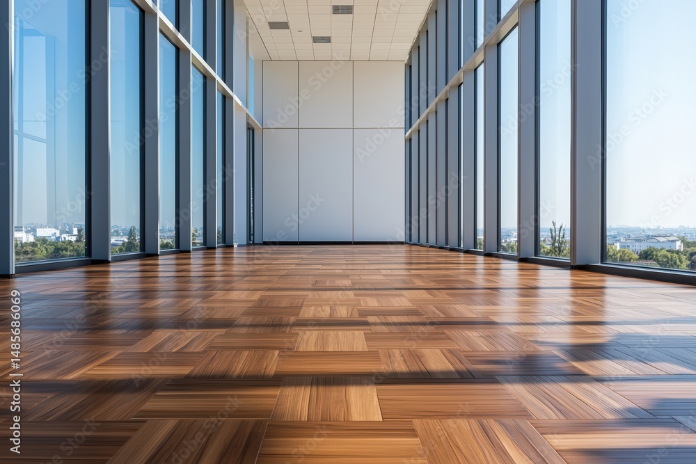Poster sunlight illuminating empty modern office space with parquet floor