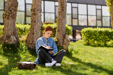Red haired woman enjoying a sunny afternoon writing in a notebook beneath a tree