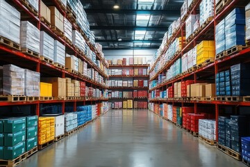 Spacious warehouse aisle with tall shelves fully stocked with colorful boxes and packages under bright industrial lighting
