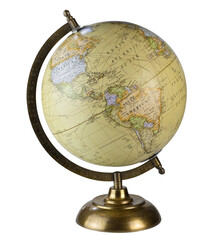 Yellow table globe showing world map or South America, the globes isolated clipping path on white background.
