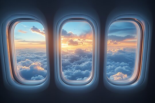 Stunning view of a sunset sky and clouds seen through airplane windows during flight