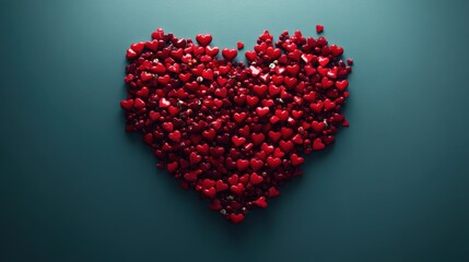 A heart shape made of hundreds of small, glossy red hearts against a deep teal background. A romantic and loving image perfect for Valentine's Day or any occasion of love.