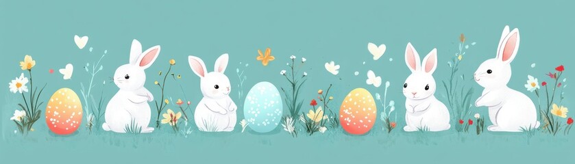 Fototapeta premium Cute white rabbits sitting calmly among colorful eggs and wildflowers on a soft blue background, evoking a peaceful and joyful springtime scene