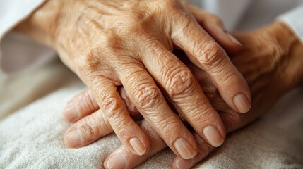 Fototapeta premium Close-up of elderly woman's hands resting gently on a soft surface. The image evokes feelings of age, wisdom, and serenity. Warm, earthy tones dominate.