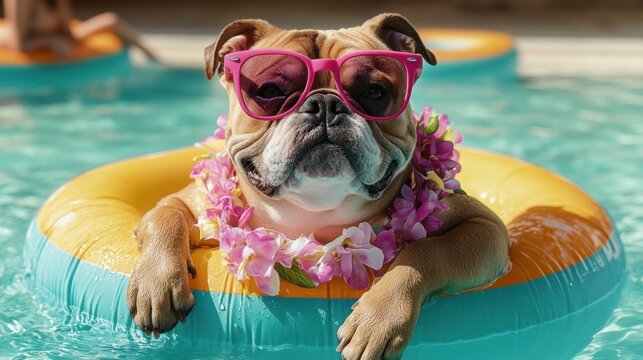 bulldog wearing pink sunglasses and flower lei relaxing in a colorful inflatable pool float in a swimming pool on a sunny day