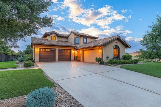 Large suburban two-story house with three-car garage and well-maintained lawn at sunset under partly cloudy sky - Powered by Adobe