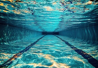 Underwater view of an empty swimming pool lane with clear blue water and light reflections creating a serene and calm atmosphere