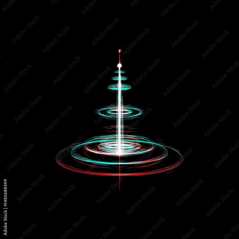 Poster Abstract Light Tree with Spiraling Discs and Red/Cyan Anaglyph Effect on Black Background