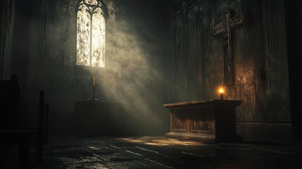 Atmospheric Interior of Abandoned Church with Dim Light and Candle