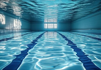 Obraz premium Empty indoor swimming pool with clear water, tiled walls and floor, blue lane markers, and sunlight reflecting from a window at the far end