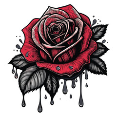 A crimson rose with melting, decaying petals, enveloped by a dark, ominous aura; hyperrealistic, dramatic lighting.
