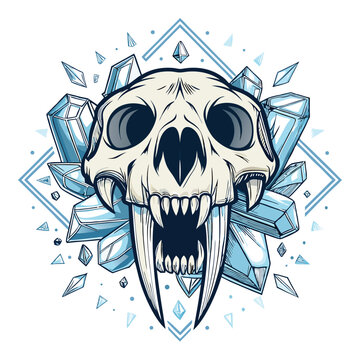A meticulously detailed rendering of a sabertooth cat skull encased in a glacier, surrounded by sharp, icy shards.  The scene evokes a sense of ancient, frozen time.