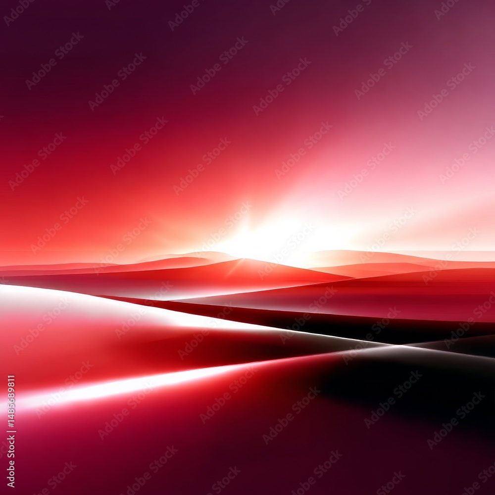 Poster crimson dunes at dawn: an abstract landscape of light and shadow in deep reds and bright whites.