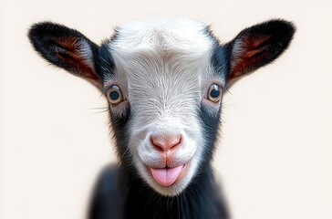 Fototapeta premium Close-up of a baby goat with black and white fur sticking its tongue out against a plain light background