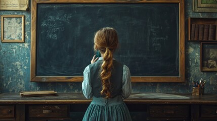 A young woman with long auburn hair stands before a vintage chalkboard, lost in thought.  The teal walls and antique desk create a nostalgic atmosphere.