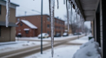 Icicles hanging reflecting winter coldness, with snowy street background