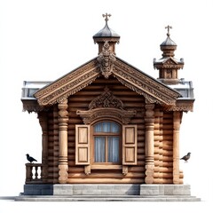 Obraz premium Intricate Carved Wooden Church with Birds: A Study in Traditional Architecture and Ornithological Observation with White Background