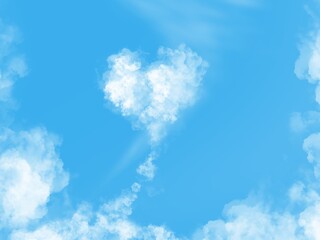 Heart-shaped clouds floating in the clear sky. Illustration created by drawing on a tablet, used as a cute style background.
