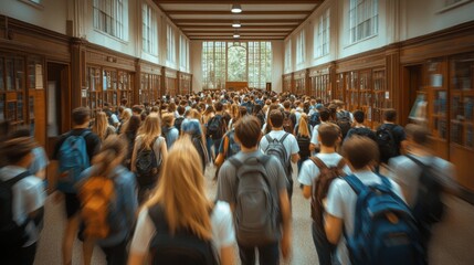 A large group of students, diverse in ethnicity and gender, walk down a school hallway lined with bookshelves, creating a vibrant and dynamic scene.