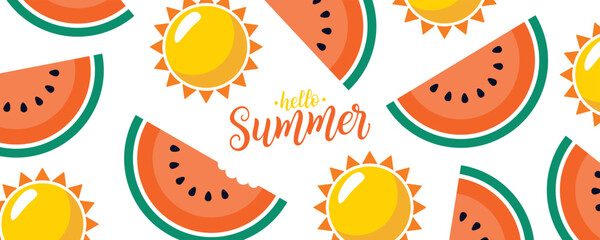 Hello Summer banner. Summertime background with hand lettering, watermelon slice and summer sun for Summer season creative graphic design. Vector illustration.